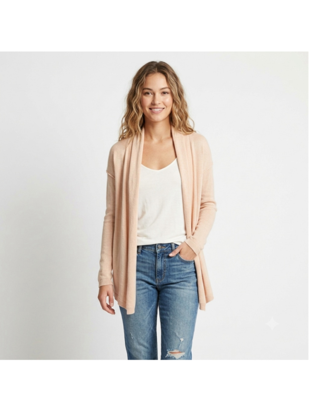 Brochu Walker Oatmeal Sand Fine Knit Drape Open Front Cardigan Sweater XS